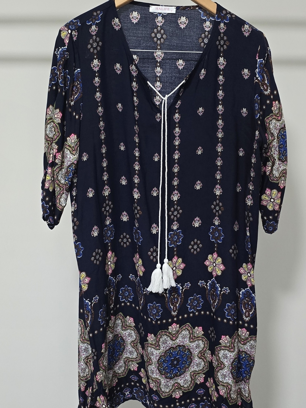 Halife Navy Floral Paisley Tunic with Tassel Tie